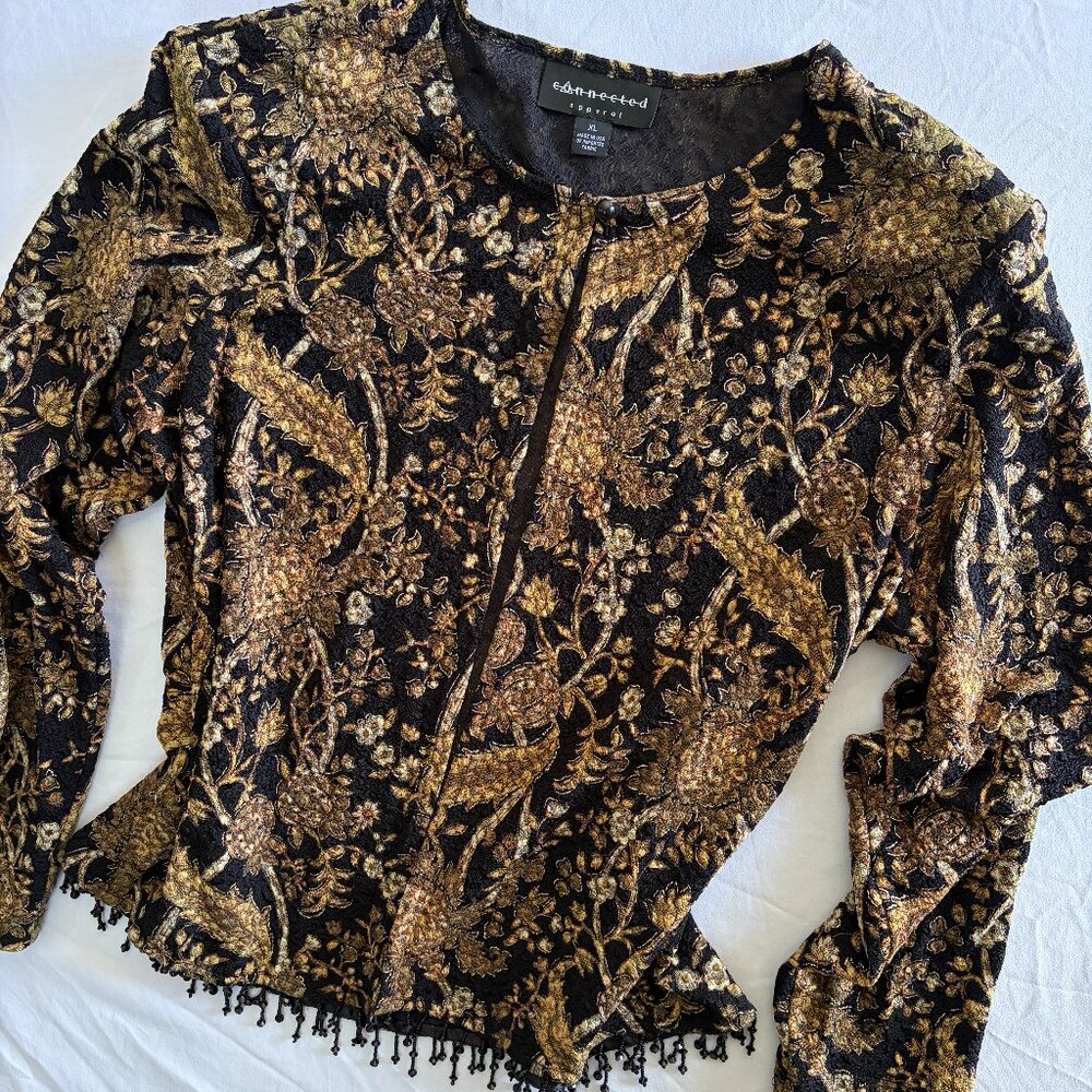 Brown Metallic Floral Cardigan Beaded Fringe